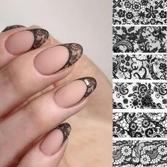 5/10 Pcs Black Lace Nail Foil Transfer Sticker,Nail Decals,Nail Art Design Size: 20cm/pc Material: Special Plastic Package Content:  5pcs (each design for 1 pc)                                 10pcs (each design for 1 pc)                       They can be applied to natural or acrylic nails. You can apply these stickers with nail foil glue.  How to use: 1.  Pre-cut the transfer stickers as the nail size 2. Apply base color and nail foil glue. Put the sticker on the right place of your nail, you Foil Nail Designs, Lace Nail Art, Lace Nails, Nails Now, Glamorous Nails, Foil Nails, Glam Nails, Accent Nails, Nail Sizes