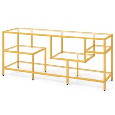 three yellow shelves with glass tops on each shelf