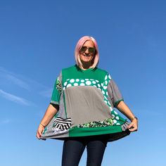 Excited to share this item from my #etsy shop: Super comfy, polka dots ,lagenlook,make me skinny-Boho Patchwork Cotton tunic top,Unique design,One of a kind handmade, Bohemian Upcycled Green Retro Patchwork Tops, Retro Green Patchwork Tops, Cotton Tunic Dress, Zero Waste Fashion, Boho Patchwork, Cotton Tunic Tops, White Tunic Tops, Pocket Blouse, Patchwork Top