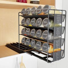 an organized spice rack in the kitchen with spices