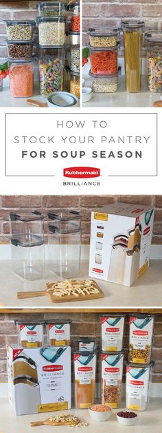 an assortment of soups and seasonings on shelves with text overlay reading how to stock your pantry for soup season