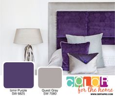 a bedroom with purple and gray accents