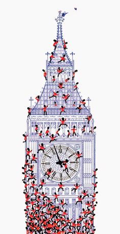 the big ben clock tower is surrounded by birds in red and black colors on white paper