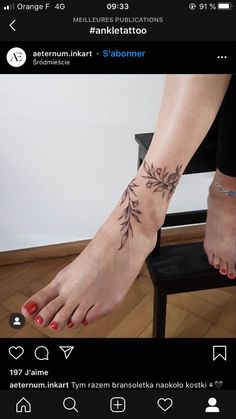 a woman's foot with a tattoo on it and an image of a plant