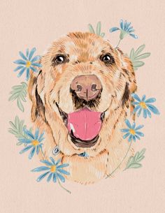 a drawing of a dog with flowers around it's neck and its tongue out