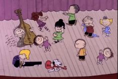 peanuts dancing on the stage in charlie brown's big band show, with other cartoon characters