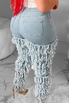 Fitted Denim Bottoms With Fringe, Denim Blue Bottoms With Fringe In Denim Material, Denim Blue Bottoms With Fringe, Denim Blue Bottoms With Fringe In Denim, Fitted Blue Bottoms With Fringe, Denim Blue Fringe Bottoms, Denim Blue Cotton Jeans With Fringe, Blue Cotton Bottoms With Fringe, Trendy Blue Jeans With Fringe