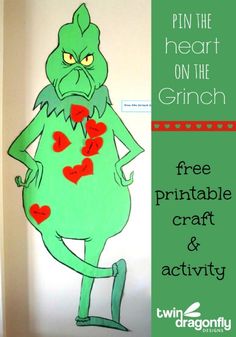 an image of a green monster with hearts on it's chest and the text pin the heart on the grin free printable craft & activity