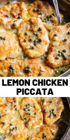 two pictures of chicken and cheese in a skillet with the words lemon chicken piccata