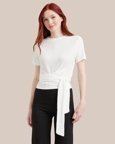 Modern Citizen-Jude Cropped Wrap Blouse-Blouses- White Wrap Blouse, Dressing Up, Dress Silhouette, Front Tie Top, Wrap Blouse, Slides, Normcore, Dress Up, Trousers