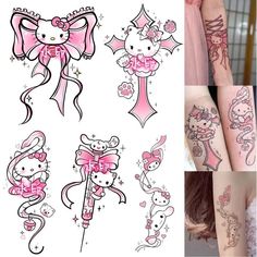 some tattoos with hello kitty designs on them and one has a pink bow, the other is