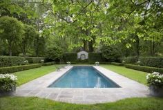 a pool surrounded by hedges and lawn chairs