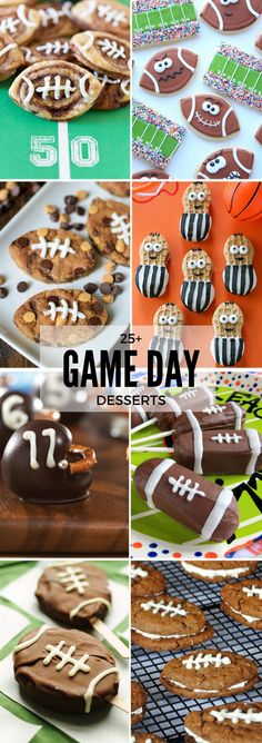 a collage of football themed cookies and desserts with the words game day on them