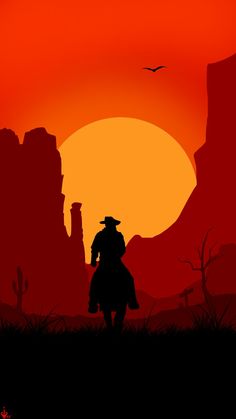 the silhouette of a man riding a horse in front of an orange and red sunset