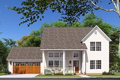 this is a computer rendering of the front view of a house with garage and porches