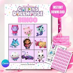 the baby's dollhouse bingo game is shown in front of a pink background