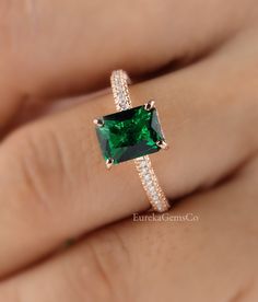 Engagement Ring Rectangle, Green Engagement Rings, Ring Rectangle, Green Diamond Rings, Radiant Cut Rings, Rectangle Ring, Emerald Ring Engagement Diamond, Radiant Cut Engagement Rings, Diamond Bridal Ring Sets