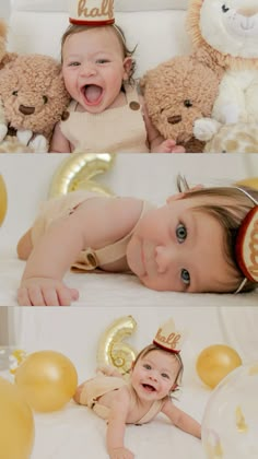 a baby laying on its back in front of balloons and teddy bears with their mouths open