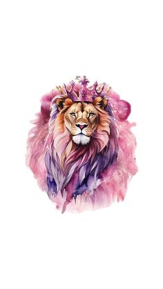 a watercolor painting of a lion wearing a crown on its head with feathers around it's neck