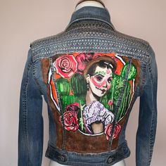 Kalaveras Custom Distress Denim Jacket - Hand-Painted - Unique Denim Western Style- Traditional Art - Wearable Art - Designer’s Jacket The Design Consists On A Hand Painted Illustration On The Back With Sewn Material Creating A Western Style Texture. I Used Fabric Paint And Heat Pressed It. So Don’t Worry About The Design Falling Off As It Will Not When You Wash It. The Illustration Is In An Original Artwork Created And Hand Painted By Me Denim Jacket - Small I’m Open To Taking Requests On Custo Artistic Hand Painted Fitted Denim Jacket, Artistic Fitted Hand-painted Denim Jacket, Artistic Hand Painted Denim Jacket, Artistic Fitted Denim Jacket, Distress Denim Jacket, Distress Denim, Altered Clothes, Custom Denim Jacket, Painted Illustration