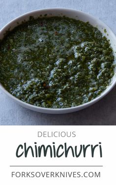 a white bowl filled with spinach sauce and the words delicious chinchuri above it