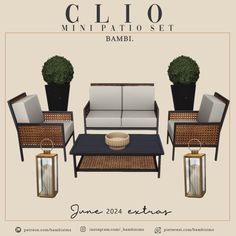 a set of patio furniture with plants in the center and text below that reads, clio minipato set bambi june 2014