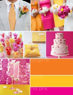 a collage of photos with different types of wedding flowers and decorations on them, including cake