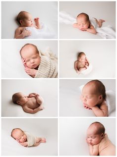 six photos of newborn babies sleeping and laying on their stomachs, with the baby's head in his hands