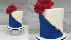 two pictures of a blue and white cake with red flowers on the top one has gold trim