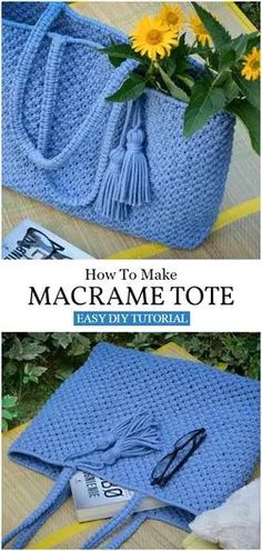 a crocheted bag with flowers in it and the title how to make macrame tote