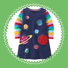 This Is The Perfect Dress For Your Future Astronomer. Dress Features 8 Planets- Mercury, Venus, Earth, Mars, Jupiter, Saturn, Uranus And Neptune All In Vinyl Appliqu Except Jupiter And Saturn Which Are Embroidered. All Planets Have A Written Fact Under Each. 2 Buttons By Neck To Make Putting It Over Your Child’s Easier. 2 Functional Pockets On Front. Sizes Available 2t, 3t, 4t, 5t. For Reference-My Daughter In The Picture Is Wearing A Size 3t. She Is 2.5 Yrs Old. I Chose The 3t For Her So She Wi Planet Dresses, Cotton Dress Pattern, Girls Cotton Dresses, Girls Long Sleeve Dresses, Baby Boy Jackets, Pocket Tunic, Spring Girl, Theme Dress, Womens Prom Dresses