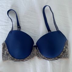 Victoria's Secret Angels Demi Cup Bra. Blue With Cream Lace Detail On Band And Cream Sparkle Detail On Adjustable Straps. 34d Victoria's Secret Blue Bra With Padded Cups, Blue Padded Cup Bra By Victoria's Secret, Victoria's Secret Padded Blue Bra, Victoria's Secret Blue Padded Bra, Elegant Blue Bra With Lace Trim, Elegant Stretch Blue Bra, Elegant Blue Stretch Bra, Victoria's Secret Blue Partially Lined Bra, Blue Partially Lined Victoria's Secret Bra