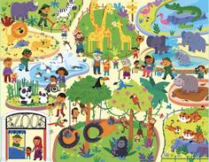 an illustrated map of the zoo with animals and people