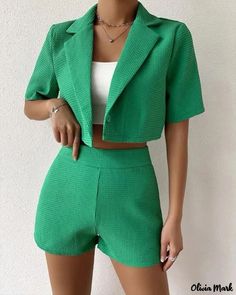 Color: green, Size: L Blazer Shorts Set, Blazer E Short, Style Vert, Short Blouses, Printed Pleated Skirt, Crop Blazer, Blazer Set, Cropped Blazer, Blazer And Shorts