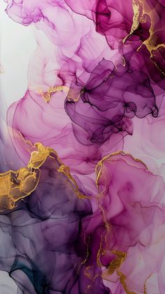 an abstract painting with gold and purple colors in the water, as if it were liquid or ink