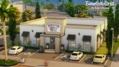 an artist's rendering of a restaurant with cars parked in the parking lot and palm trees