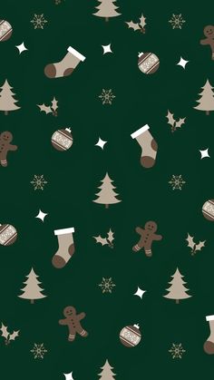 seamless christmas pattern with gingerbreads, stockings and snowflakes on dark green background