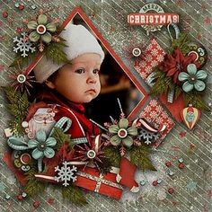 a christmas card with an image of a baby wearing a santa hat and surrounded by holiday decorations