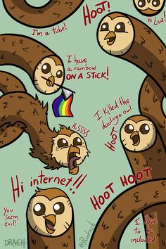 an image of owls in a tree with the caption'i don't know what they are saying