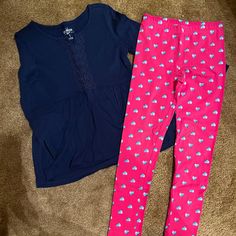 Oshkosh Dark Blue Long Sleeve Baby Doll Top & Carters Pink With Sparkle Hearts Leggings (Nwot) Pink Stretch Leggings For Playtime, Playful Pink Cotton Leggings, Playful Blue Leggings, Baby Doll Top, Long Sleeved Top, Babydoll Top, Blue Long Sleeve, Baby Doll, Colorful Leggings