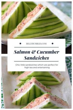 salmon and cucumber sandwiches on a plate with text overlay that reads salmon and cucumber sandwiches