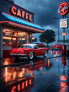 an old red car parked in front of a cafe on a rainy day at night