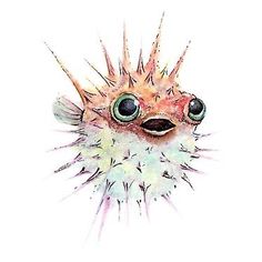 a drawing of a puffer fish with big eyes