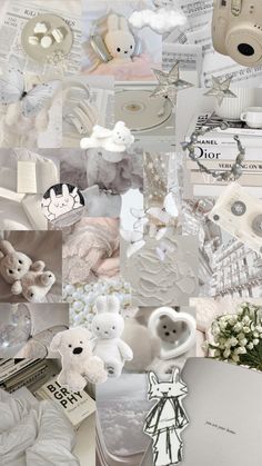 a collage of photos with teddy bears and other things in them, including flowers