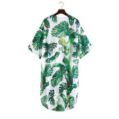 Green Leaf Print Chiffon Kimono Beach Cover Up Chiffon Beach Season Cover-up For Vacation, Summer Chiffon Cover-up For Beach Season, Bohemian Chiffon Cover-up For Vacation, Green Hawaiian Style Vacation Cover-up, Green Tropical Print Summer Cover-up, Green Tropical Print Cover-up, Printed Green Cover-up For Vacation, Green Short Sleeve Summer Cover-up, Casual Tropical Print Summer Cover-up