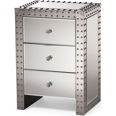 a silver nightstand with two drawers and rivets