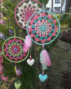 three crocheted dream catchers hanging from a tree in the grass with pink, green and blue feathers