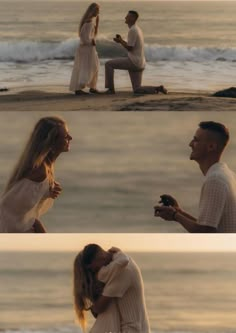 two people are sitting on the beach talking