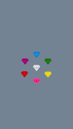 six different colored diamonds are arranged in a circle on a gray background, with one red and the other blue