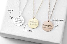 "This is a personalized disc necklace made to your liking. You can have your choice of words, dates, names etc. engraved on the 5/8\" disc necklace. You can choose between silver, gold or rose gold. DETAILS Disc: 5/8\" Metal: Sterling Silver, Gold Or Rose Gold Chain Length: 18\" (a different length can be requested) FONT: You can choose between font 1 or 2 and you can add in the roman numerals if you would like. CUSTOM Please write the details in the order notes during checkout. IDEAS FOR YOUR C Personalized Rose Gold Necklace With Laser Engraving, Customizable Rose Gold Name Necklace, Customizable Round Rose Gold Name Necklace, Customizable Rose Gold Round Name Necklace, Personalized Rose Gold Necklace Laser Engraved, Customizable Round Name Necklace For Valentine's Day, Valentine's Day Round Necklaces With Engraving Option, Customizable Round Rose Gold Charm Necklace, Rose Gold Round Charm Necklace In Stainless Steel